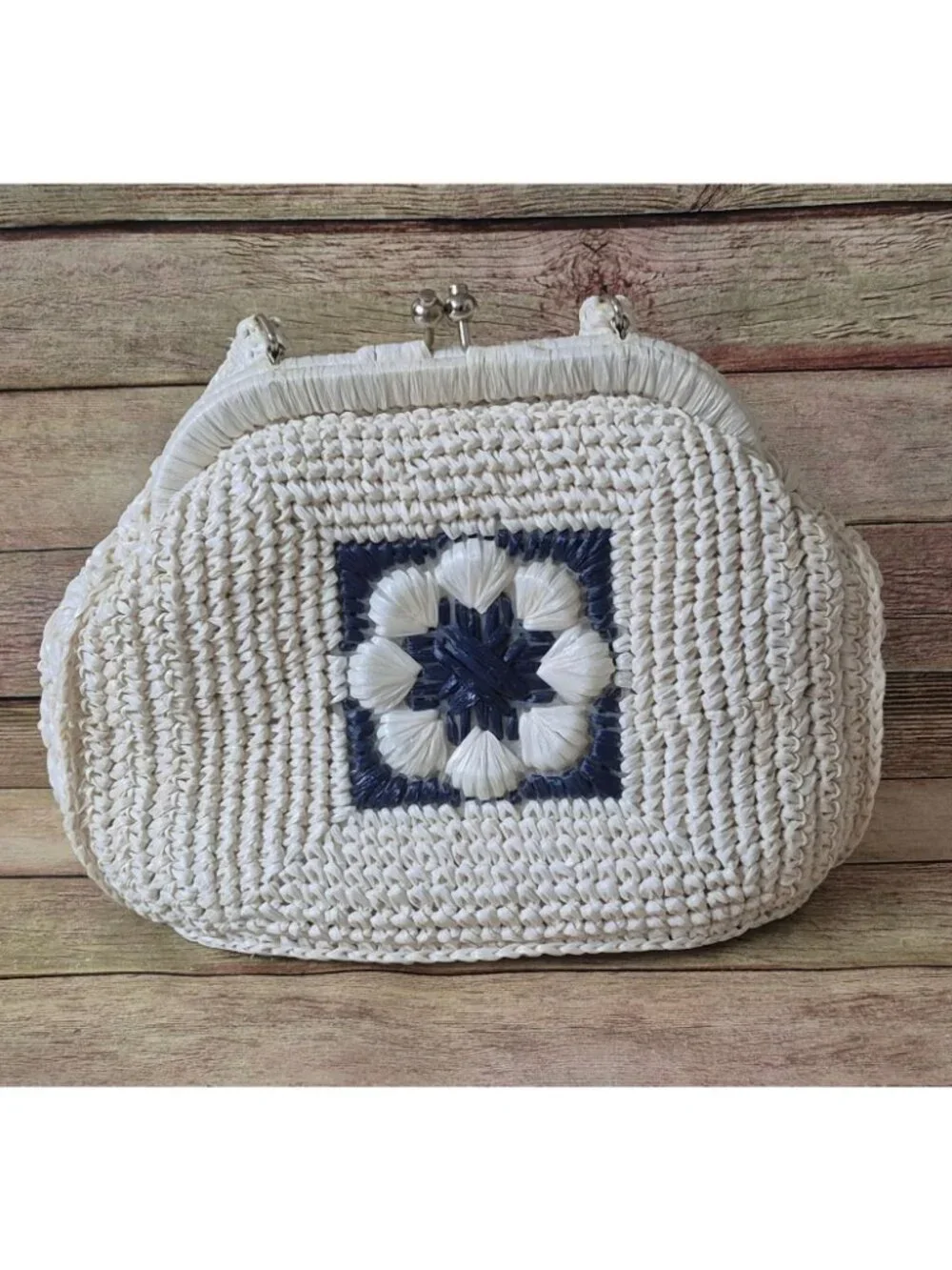 Vtg 60's Woven Raffia Ivory Straw Flower Purse Kiss Lock Closure Made In Japan